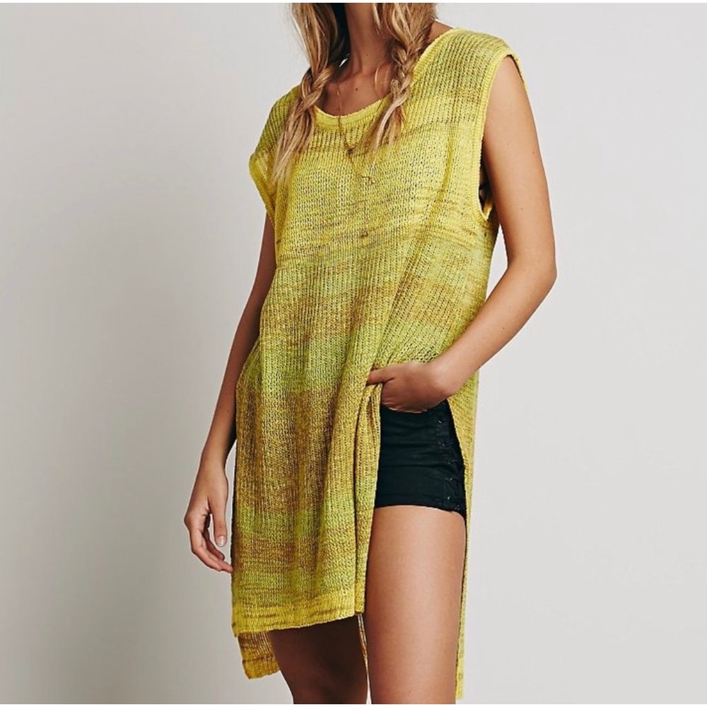 Free People Always Sunny Days Sleeveless Tunic Sweater Dress M Yellow Comb Boho
